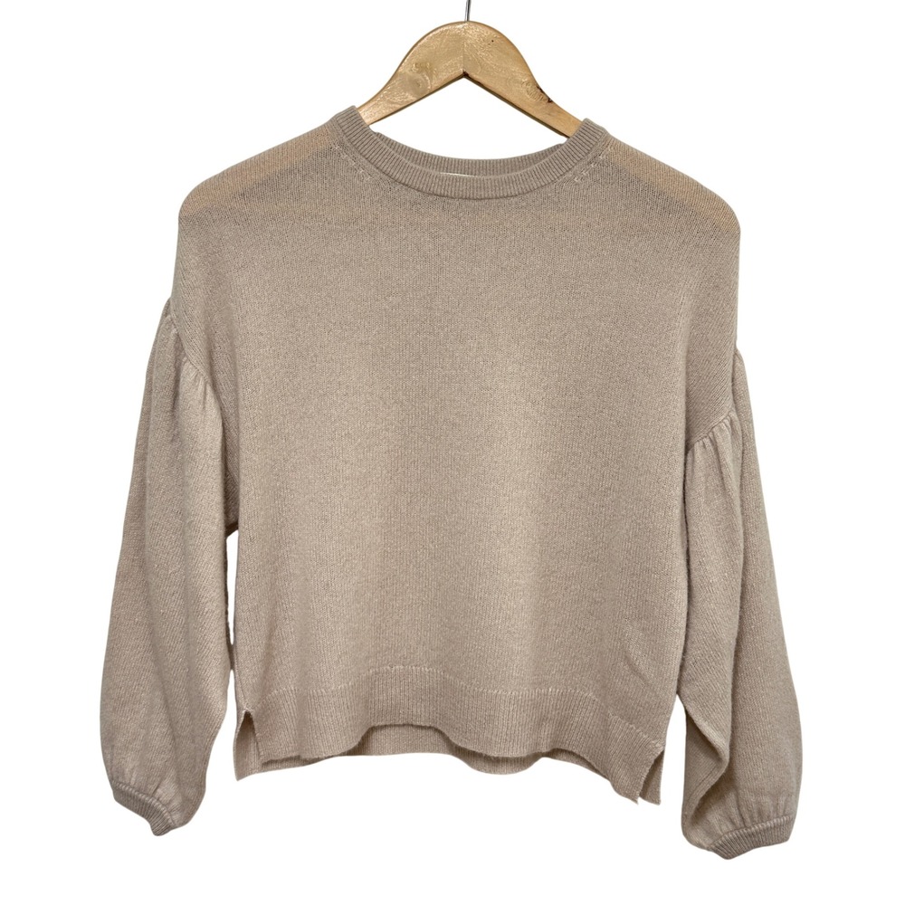 White + Warren Cashmere Sweater Women XS Tan Puff Sleeve Crewneck Pullover Luxe